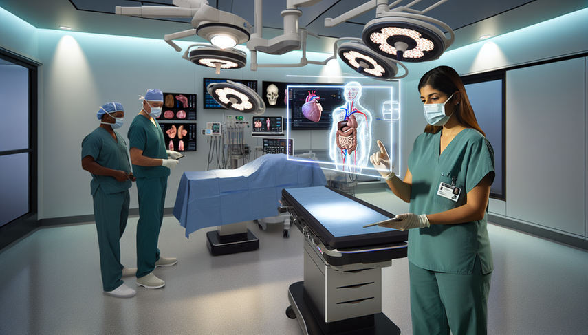 Una joven cirujana hispana interactúa con una pantalla holográfica que muestra un modelo 3D de anatomía humana en una sala de operaciones moderna. Un equipo diverso de cirujanos observa con interés, destacando el uso de inteligencia artificial y realidad aumentada en el entrenamiento quirúrgico.