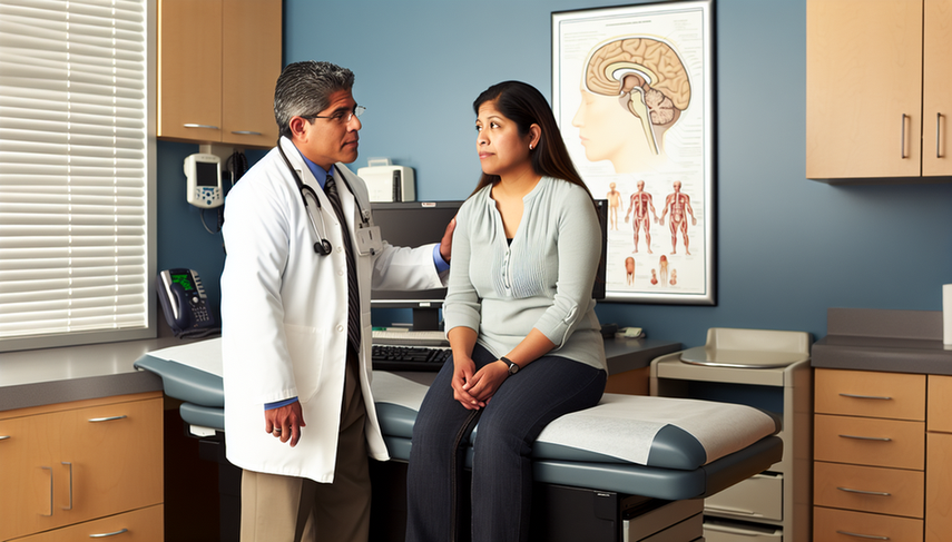 A middle-aged Hispanic doctor in a white coat and stethoscope attentively listens to a Hispanic female patient in her 30s during a medical consultation. The patient, with a worried expression, is seated on the examination table. On the wall, a diagram of the human brain highlights areas related to migraine and tension-type headache. The environment is professional and welcoming, ideal for a collaborative diagnostic approach focusing on headache management and photophobia.