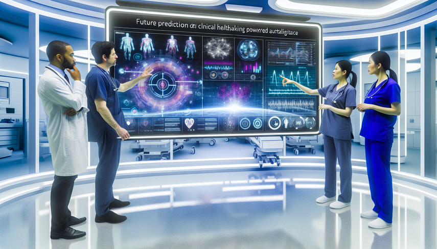 Un equipo diverso de profesionales de la salud, incluyendo un médico hispano y una enfermera asiática, se reúne alrededor de una pantalla digital grande que muestra visualizaciones de datos complejos y gráficos de análisis predictivo. La pantalla destaca tendencias y predicciones de datos de salud de pacientes. El entorno es moderno y tecnológico, con equipos médicos avanzados al fondo, reflejando la integración de la inteligencia artificial en la toma de decisiones clínicas.