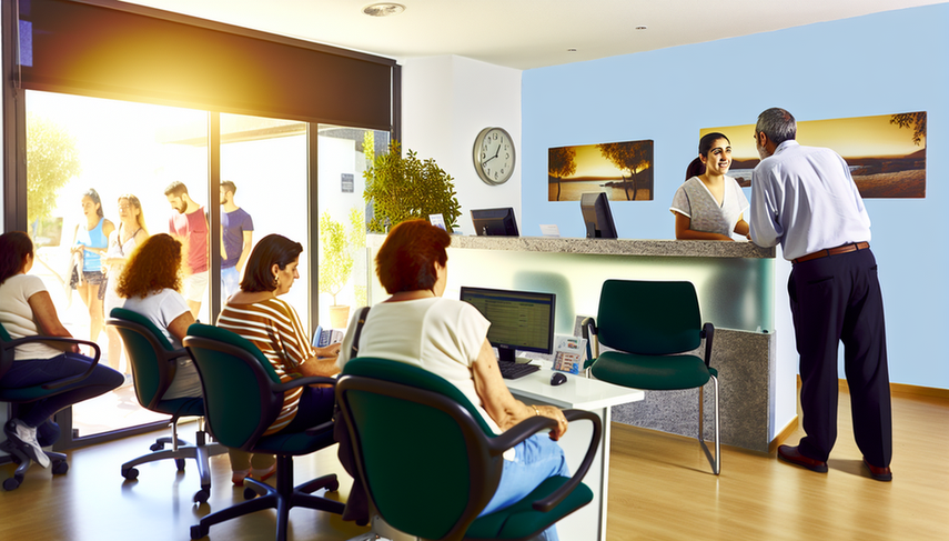 Clínica médica moderna en España con un área de recepción bien organizada y pacientes diversos esperando. Una recepcionista española gestiona citas en un ordenador. Al fondo, un médico consulta con una paciente en una sala privada visible a través de un cristal. El ambiente es luminoso y acogedor, reflejando eficiencia y cuidado en la optimización de recursos y flujo de pacientes.