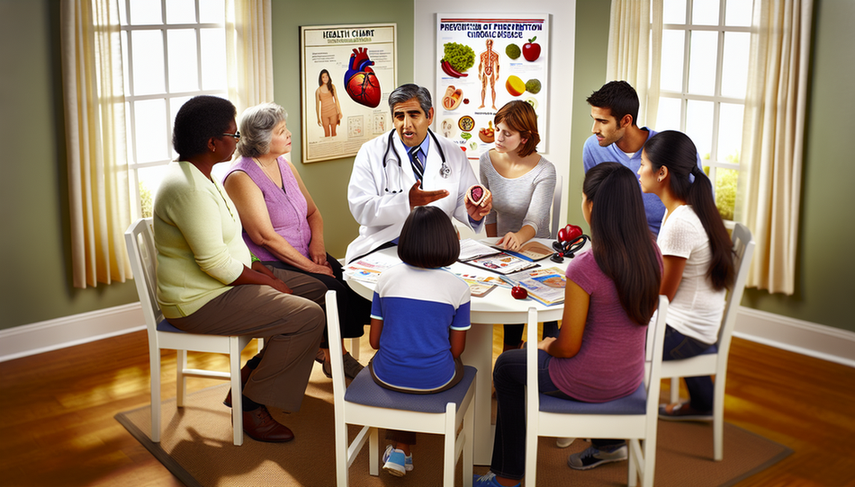 Un consultorio médico acogedor centrado en la prevención de enfermedades crónicas. Un doctor hispano de mediana edad, con bata blanca y estetoscopio, discute atentamente un gráfico de salud con un grupo diverso de pacientes. En la mesa hay folletos y un modelo de corazón humano. Al fondo, un póster muestra un diagrama colorido de elecciones de estilo de vida saludable. La escena transmite colaboración y gestión proactiva de la salud.