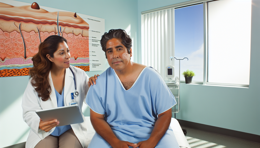 Paciente hispano de mediana edad en una consulta médica moderna, escuchando atentamente a una doctora hispana que le explica con una tableta digital. En la pared, un diagrama de las capas de la piel destaca la capa basal, relacionado con el carcinoma basocelular. La escena refleja un entorno clínico profesional enfocado en la educación y el cuidado del paciente.