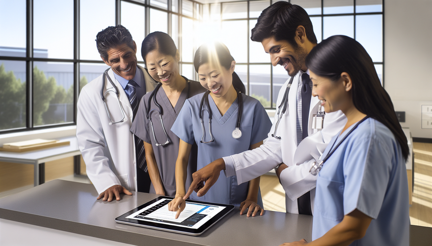 Un grupo diverso de profesionales de la salud, incluyendo un médico hispano, una enfermera asiática y una administradora afroamericana, se reúne alrededor de una tableta digital que muestra un formulario con una opción de firma electrónica. El entorno refleja un espacio de trabajo moderno y organizado, destacando la transición hacia soluciones digitales en la administración de la salud.