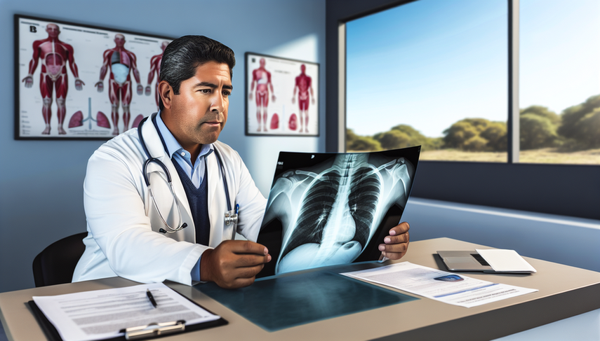 A middle-aged Hispanic physician in a white coat and stethoscope carefully examines a chest X-ray in a medical consultation room. The X-ray reveals clear pulmonary structures with signs of sarcoidosis and idiopathic pulmonary fibrosis. On the desk, there are medical charts and a laptop displaying a digital image of lungs. The atmosphere is professional and focused, highlighting the importance of pulmonary function tests in diagnosing progressive dyspnea and granulomas.