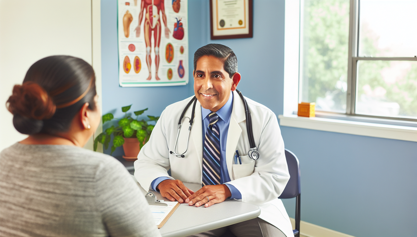 A Hispanic physician in a white coat and stethoscope engages in a friendly conversation with a middle-aged Hispanic patient in a primary care consultation room. The patient holds a questionnaire, indicating a focus on depression screening and anxiety assessment. The warm and inviting environment, enhanced by natural light and plants, fosters trust and open communication about mental health.