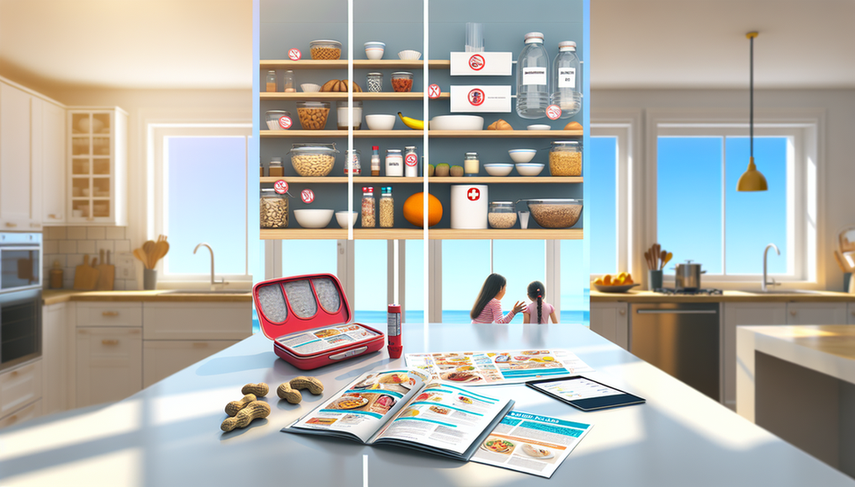 Image of a modern kitchen with an educational focus on food allergy treatment. On the left, common allergenic foods are displayed with red warning signs indicating their avoidance. In the center, an epinephrine auto-injector is prominently featured in a first aid kit, symbolizing emergency preparedness. To the right, medical documents and a digital tablet show a follow-up calendar, representing ongoing management. A Hispanic family is engaged in conversation, with a young adult explaining the importance of each section to a child, promoting awareness and understanding of food elimination strategies and patient education.