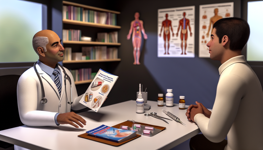 A Hispanic doctor in a white coat discusses allergic rhinitis treatment options with a Hispanic patient. The doctor holds a brochure titled 'Respiratory Allergy Treatment' featuring images of antihistamines, intranasal corticosteroids, and a syringe for allergen immunotherapy. The desk is equipped with medical tools and a model of the respiratory system. In the background, there is a bookshelf filled with medical books and a poster of the respiratory system. The scene conveys a professional and serene atmosphere.