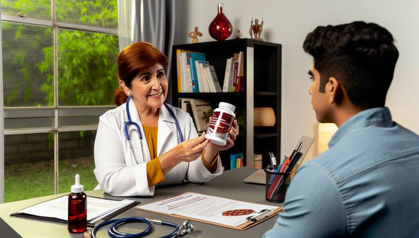 Medical consultation with a Hispanic doctor explaining iron deficiency anemia treatment to a young patient. The doctor holds oral iron supplements and an informational brochure. The desk features medical charts and a red blood cell model, creating a warm and professional atmosphere.