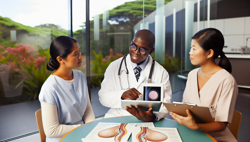 A diverse team of doctors discusses breast cancer treatment in a modern hospital. A Hispanic female doctor holds a tablet displaying a breast anatomy diagram, while an African American male doctor points to the diagram and an Asian female doctor listens attentively. In the background, a large window reveals a garden, and on a nearby table, there are brochures about breast cancer treatment in Spanish and a human breast model, highlighting options like mastectomy, lumpectomy, adjuvant chemotherapy, hormone therapy, and HER2-targeted therapies.