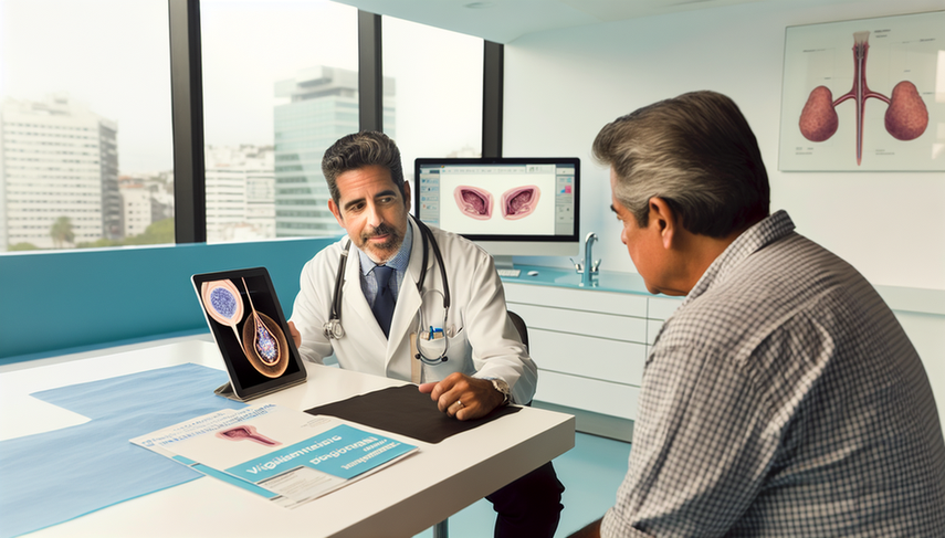 A middle-aged Hispanic doctor in a white coat and stethoscope discusses prostate cancer treatment options, including radical prostatectomy, radiotherapy, and hormone therapy, with an older Hispanic patient. The doctor uses a digital tablet displaying a 3D model of the prostate gland. On the desk, there are medical brochures in Spanish about 'Active Surveillance,' 'Radiotherapy,' and 'Surgery.' The consultation room is modern and well-lit, featuring a window with an urban landscape. This scene illustrates a collaborative relationship between doctor and patient, emphasizing the importance of PSA monitoring in treatment decisions.