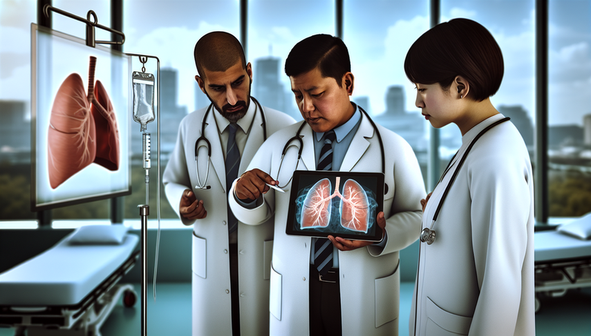 Image of a modern medical environment featuring three diverse doctors discussing lung cancer treatment. A Hispanic doctor holds a tablet displaying a 3D model of lungs, while a Caucasian doctor points and an Asian doctor listens. The image emphasizes professional collaboration in a metropolitan hospital, focusing on lobectomy, platinum-based chemotherapy, and immunotherapy for patients with EGFR mutations.