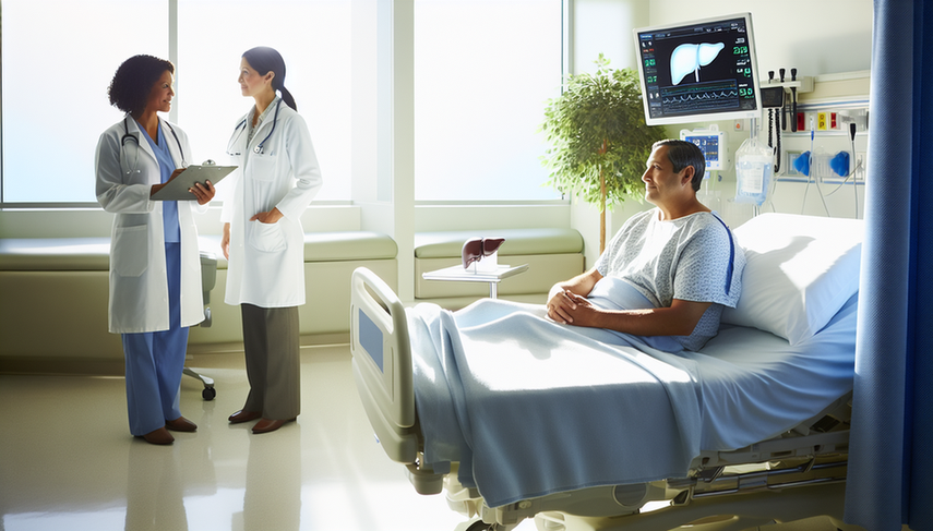 A middle-aged Hispanic patient sits on a hospital bed, conversing with a Hispanic female doctor in her 40s, who is wearing a white coat and holding a clipboard. Nearby, a model of a human liver symbolizes the focus on liver cirrhosis treatment, including options like diuretics, lactulose, paracentesis, and transplantation. A digital monitor displaying vital signs in the background creates an atmosphere of hope and professionalism, emphasizing the importance of esophageal variceal control in patient care.