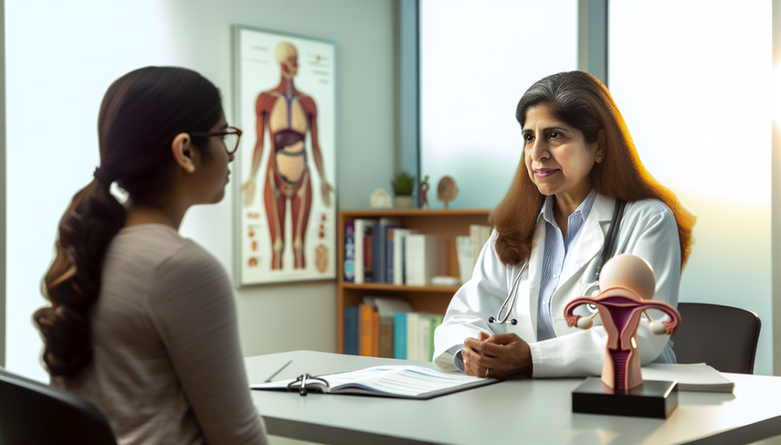 Consulta médica en un entorno profesional donde una doctora hispana explica opciones de tratamiento para el embarazo ectópico a una paciente joven. En el escritorio hay folletos médicos y un modelo del sistema reproductivo femenino, sugiriendo una discusión sobre el uso de metotrexato y opciones quirúrgicas como salpingostomía y salpingectomía.