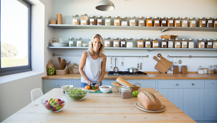 Bright and modern kitchen featuring a wooden table filled with gluten-free foods such as bread, quinoa salad, and fruits. A Caucasian woman in her 30s, dressed casually, smiles while preparing a gluten-free meal. In the background, shelves with labeled jars of gluten-free grains and flours are visible. This scene emphasizes health and wellness, highlighting the significance of a gluten-free diet in celiac disease treatment, along with the importance of antibody monitoring and nutritional supplementation.