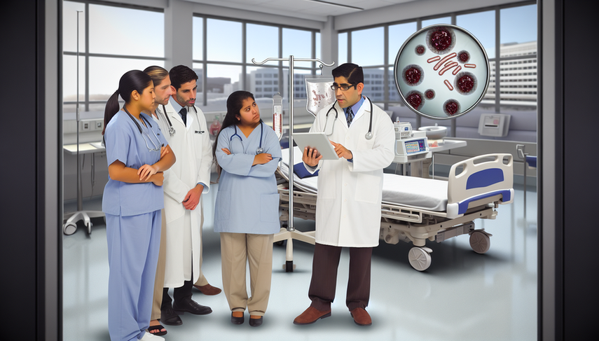 Fotografía de un entorno hospitalario moderno donde un médico hispano y una enfermera asiática revisan un diagrama de la bacteria meningocócica en una tableta digital. En el fondo, se observa una habitación de hospital con equipo médico. En una mesa cercana, hay viales de antibióticos y un portapapeles con gráficos de pacientes, destacando el enfoque en el tratamiento de la meningitis meningocócica y la profilaxis de contactos.