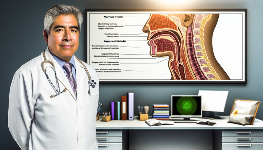 Image of a middle-aged Hispanic physician in a modern medical office, featuring a poster that illustrates the human throat with bacterial infection and supportive measures such as hydration and rest. The desk is adorned with medical books and a throat model, emphasizing the focus on pharyngitis treatment, including penicillin, ibuprofen, gargles, and viral differentiation.