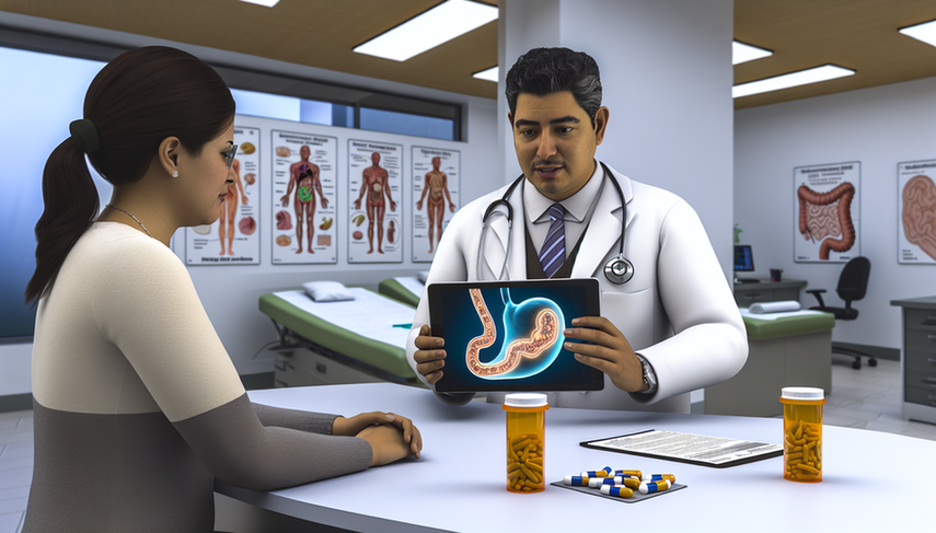 A modern medical scene in a clinic where a Hispanic doctor in his 40s, wearing a white coat and stethoscope, explains a gastritis treatment plan to a Hispanic female patient in her 30s. The doctor holds a tablet displaying a diagram of the stomach with highlighted areas of Helicobacter pylori infection. On the desk, there are labeled medication bottles for 'Antibiotics' and 'Proton Pump Inhibitors.' The office is clean and organized, featuring anatomical charts on the walls.