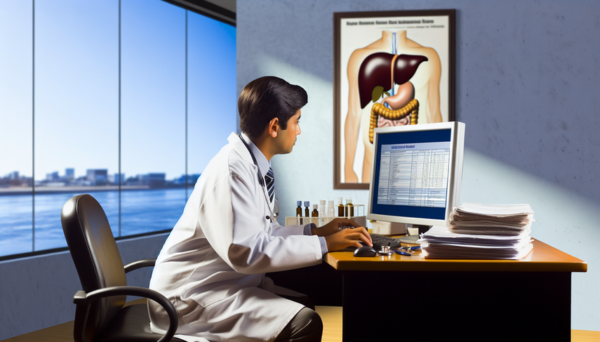 Hispanic doctor reviewing liver function test results on a computer, with medical books and a stethoscope on the desk. An anatomical poster of the human liver is visible in the background, creating a professional and educational environment focused on hepatitis B treatment, including tenofovir and entecavir, as well as transaminase control and cirrhosis prevention.