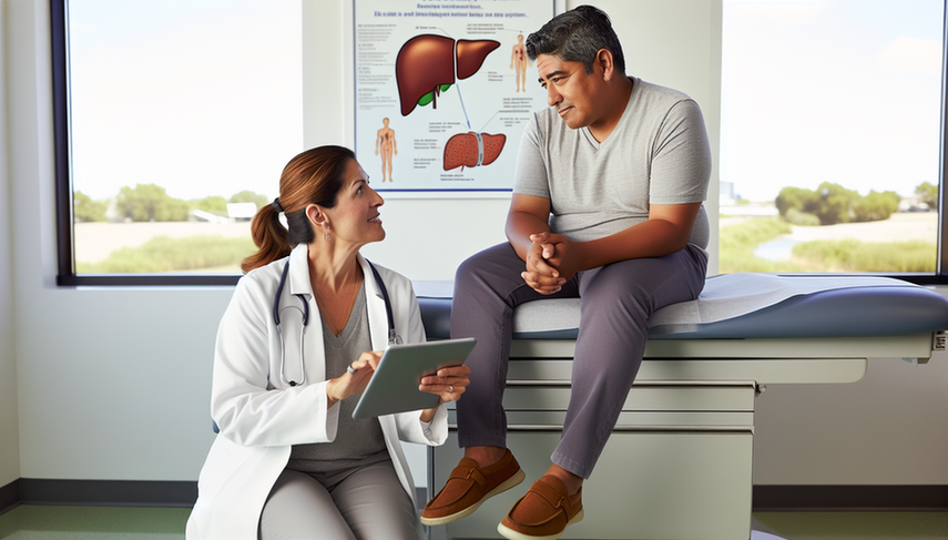 A middle-aged Hispanic patient sitting on an examination table attentively listens to a Hispanic doctor showing a digital tablet with a liver diagram. The modern and well-lit medical consultation room features a poster illustrating the life cycle of the hepatitis C virus. This scene conveys hope and progress in hepatitis C treatment, highlighting the importance of sofosbuvir and ribavirin in achieving sustained virologic response and the need for liver follow-up.