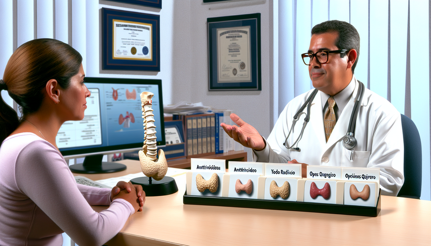 Medical consultation on hyperthyroidism treatment with a middle-aged Hispanic doctor explaining treatment options to a patient. The doctor holds a thyroid model and points out options such as methimazole, propylthiouracil, radioactive iodine, and thyroidectomy. On the desk, there are medical brochures in Spanish. The office is professional and welcoming, featuring medical certificates and a diagram of the thyroid gland on the computer.