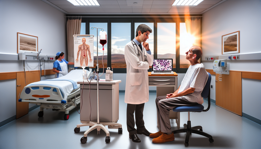 A Spanish doctor in a white coat and stethoscope explains a leukemia treatment plan to a middle-aged Hispanic patient in a modern hospital room in Spain. Nearby, medical charts and a laptop displaying a bone marrow diagram are visible, while a nurse adjusts an intravenous drip, symbolizing chemotherapy and transfusion support for leukemia. The scene conveys professionalism, care, and optimism, highlighting the importance of remission and the challenges of relapse.