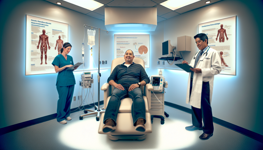 Un paciente hispano de mediana edad recibe quimioterapia en una sala de tratamiento médico moderna. Una enfermera ajusta el goteo intravenoso mientras un médico explica el proceso de tratamiento. En el fondo, un póster ilustra la radioterapia y el tratamiento con anticuerpos monoclonales. La escena transmite profesionalismo y esperanza.