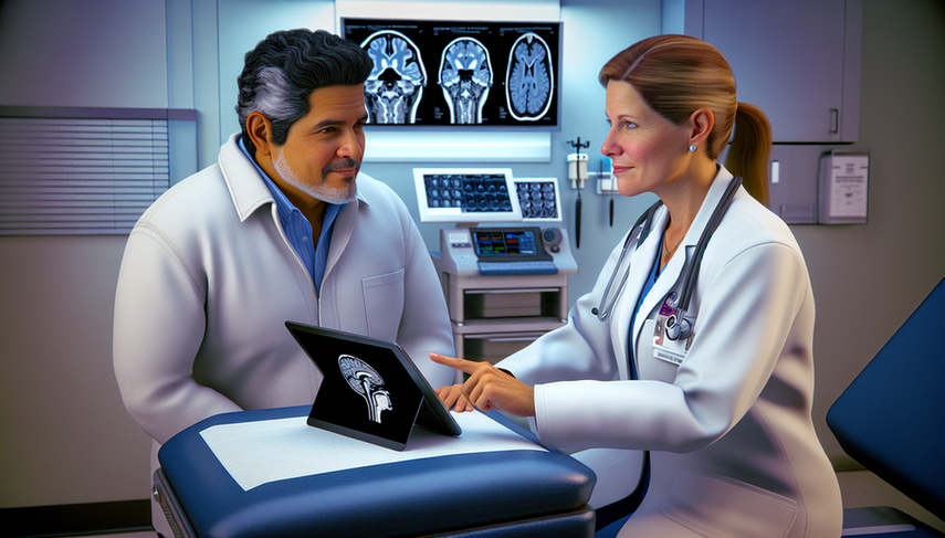 Medical consultation in a modern hospital where a middle-aged Hispanic patient listens to a Hispanic doctor explaining schwannoma treatment options for acoustic neuroma, displaying an anatomical diagram of the ear on a digital tablet. In the background, a monitor shows a brain MRI.