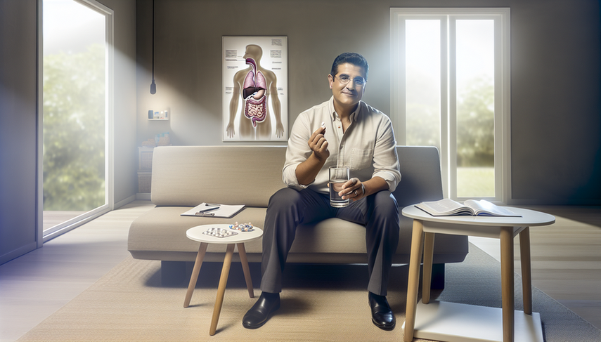 Middle-aged Hispanic man in a modern room, holding a glass of water and a proton pump inhibitor pill, with medical books and a diagram of the digestive system in the background, illustrating gastroesophageal reflux treatment options including dietary changes and fundoplication.