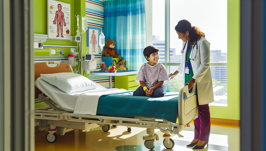 A modern pediatric hospital room featuring a smiling 6-year-old Hispanic boy in a colorful gown. Next to him, a Hispanic female doctor in her 40s, wearing a white coat and stethoscope, explains the urinary system on a tablet. The room is naturally lit and decorated with cartoon characters, creating a welcoming atmosphere. This setting highlights the importance of vesicoureteral reflux treatment, including antibiotic prophylaxis and follow-up care, while emphasizing the role of cystoscopy and ureteral reimplantation in pediatric urology.