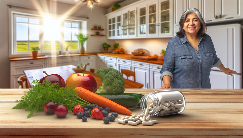 Bright and inviting kitchen scene featuring a middle-aged Hispanic woman casually dressed, smiling as she prepares a healthy meal. In the foreground, a wooden table displays a variety of fresh fruits and vegetables alongside an open jar of probiotics, representing a comprehensive approach to IBS treatment through the FODMAP diet and the use of probiotics.