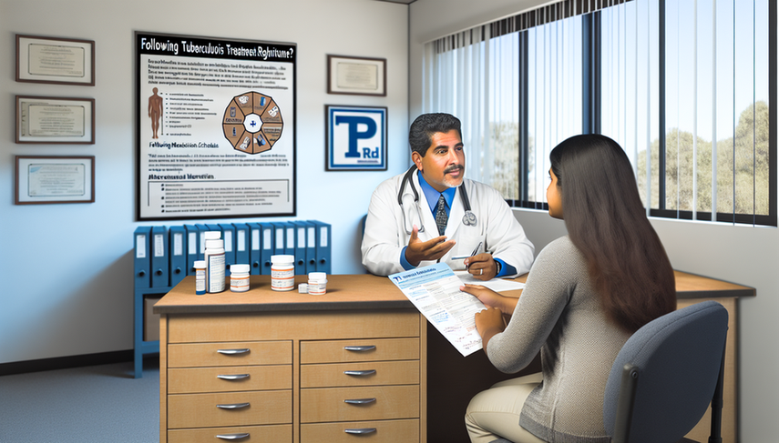 Consulta médica en una clínica latinoamericana: un médico hispano de mediana edad explica un plan de tratamiento para la tuberculosis a una paciente joven. En el escritorio, se observa un esquema del tratamiento antituberculoso con isoniazida, rifampicina, pirazinamida y etambutol. La paciente sostiene un folleto sobre el tratamiento de la tuberculosis. En la pared, un cartel resalta la importancia de la adherencia al tratamiento.