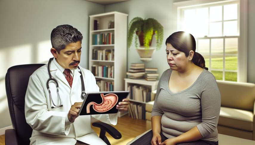 A middle-aged Hispanic doctor in a white coat and stethoscope explains a gastric ulcer treatment plan to a Hispanic patient. The doctor holds a tablet displaying a diagram of the stomach, highlighting the affected area. The patient, dressed casually, listens attentively. The setting is a professional and welcoming medical office, emphasizing the importance of PPI, mucosal protectants, H. pylori management, and NSAID considerations in treatment.