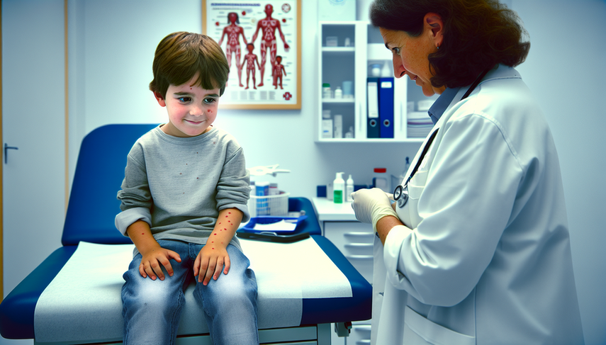 A Spanish pediatrician examines a 6-year-old child with chickenpox, displaying red spots on the arms and face, in a well-lit medical office. The doctor, wearing a white coat, demonstrates a professional and caring approach, emphasizing symptomatic treatment, skin care, and the importance of acyclovir and VZIG immunoglobulin for post-exposure prophylaxis.