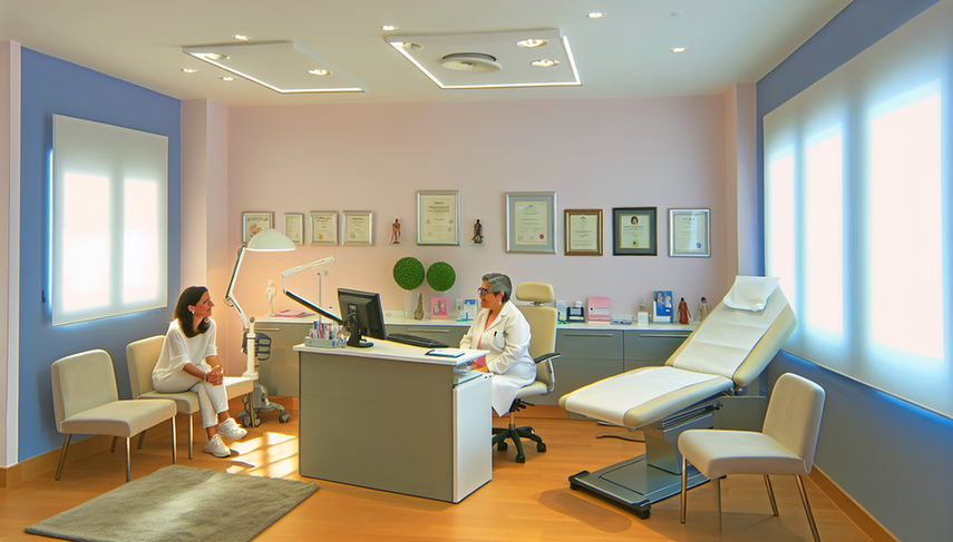 Consultorio médico moderno en España, diseñado para optimizar el flujo de trabajo y el confort del paciente. La sala está iluminada con luz natural y decorada en colores pastel. Un médico español de mediana edad conversa amigablemente con una paciente joven en una acogedora área de asientos. El ambiente es profesional y cálido, con plantas y libros médicos que añaden un toque de calidez y organización.