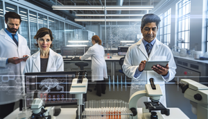 Laboratorio de investigación médica moderno y bien iluminado con un equipo diverso de científicos y médicos colaborando. En primer plano, una doctora hispana de unos 40 años sostiene una tableta digital con gráficos de datos complejos, mientras un científico surasiático examina un tubo de ensayo. Al fondo, una investigadora caucásica escribe en una pizarra transparente con diagramas moleculares. El ambiente refleja innovación y trabajo en equipo en el tratamiento de enfermedades huérfanas.