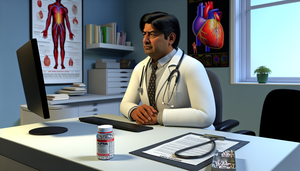 Middle-aged Hispanic doctor in a modern medical office, carefully examining a bottle of aspirin and a medical chart, symbolizing the discussion on aspirin's antiplatelet effects, gastrointestinal bleeding risks, peptic ulcer complications, and Reye's syndrome.