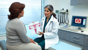 A Hispanic female doctor in a modern medical office explains a medical procedure to a middle-aged Hispanic patient. The doctor points to the endometrium on a diagram of the female reproductive system, emphasizing the importance of early detection of endometrial cancer, patient education on abnormal uterine bleeding, and endometrial biopsy techniques.
