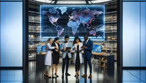 Un grupo diverso de científicos y investigadores de diferentes orígenes étnicos se reúne alrededor de un mapa digital interactivo del mundo en una pantalla de alta tecnología en un centro de investigación moderno. El mapa muestra ubicaciones globales conectadas, simbolizando la colaboración internacional en la investigación genética. Los investigadores, vestidos profesionalmente, discuten y toman notas en tabletas, reflejando un ambiente de innovación y trabajo en equipo impulsado por la inteligencia artificial.