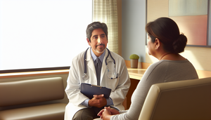 A middle-aged Hispanic doctor with a friendly expression is in a calm hospital consultation room, communicating a serious diagnosis to a middle-aged Hispanic patient who appears anxious. The softly lit room, illuminated by natural light, creates a warm and empathetic environment, highlighting the importance of effective communication skills in the doctor-patient relationship when delivering bad news.