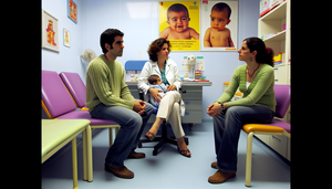 Welcoming pediatric clinic in Spain featuring a middle-aged Hispanic pediatrician discussing vaccination with a young Hispanic couple holding their baby. A poster on the wall highlights the benefits of vaccination, emphasizing the importance of addressing parental concerns and debunking myths surrounding pediatric vaccination through open communication and medical advice.