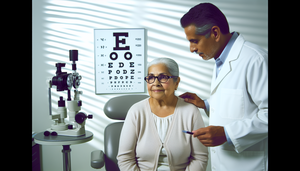 An older Hispanic woman in an ophthalmology consultation, wearing glasses and attentively observing a vision chart. A Hispanic ophthalmologist explains something, pointing to the chart. The scene suggests an eye examination, crucial for the early diagnosis of age-related macular degeneration and differentiation of diabetic retinopathy, utilizing OCT and fluorescein angiography techniques.