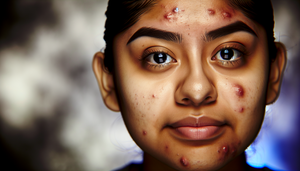 Close-up of a young Hispanic woman with acne lesions on her cheeks and forehead, including comedones, papules, and pustules, set against a blurred background. The image has a clinical and educational tone, emphasizing the variety of acne lesions for effective acne diagnosis and differentiation from rosacea, while also considering factors like inflammation and hyperandrogenism.