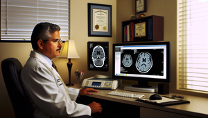 A middle-aged Hispanic neurologist carefully examines a magnetic resonance imaging scan of a brain on a computer screen, highlighting areas associated with Alzheimer's disease. In the background, a cognitive assessment test, including the MMSE, is visible on a desk. The scene conveys professionalism and dedication in Alzheimer's diagnosis, emphasizing the importance of memory tests and advanced imaging techniques like amyloid PET.