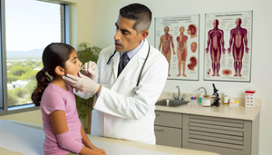 Image of a Hispanic physician in his 40s, wearing a white coat and stethoscope, performing a throat swab on a Hispanic girl around 10 years old in a medical examination room. The girl is sitting calmly on the examination table, cooperating with the procedure. In the background, there is an anatomical chart of the throat in Spanish. This image emphasizes the diagnostic process for tonsillitis, including the rapid strep test, in patients presenting with fever and sore throat.