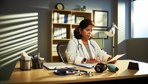 Middle-aged Hispanic female doctor in a medical office reviewing a patient file, with clinical tools on the desk. In the background, a bookshelf filled with medical books and a diploma on the wall, creating a professional and welcoming environment. This setting is ideal for discussing anxiety diagnosis, including GAD-7 assessments for panic disorder and social phobia, while considering psychiatric comorbidity.