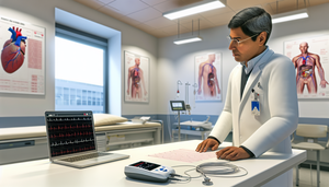 Image of a cardiology clinic in Spain. A Spanish physician in his 40s, wearing a white coat and glasses, carefully examines an ECG. On the table, a Holter monitor and a laptop display a 3D model of the heart. The clinic is bright and professional, with medical posters about arrhythmia diagnosis, supraventricular tachycardia, and atrial fibrillation on the walls.
