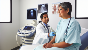 A middle-aged Hispanic woman in a medical examination room, attentively listening to a Hispanic doctor holding an ultrasound probe. The nearby monitor displays a clear image of a joint, emphasizing the role of Doppler ultrasound in the diagnosis of rheumatoid arthritis, including RF and anti-CCP antibodies in assessing synovitis.