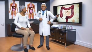 A middle-aged Hispanic physician in a white coat and stethoscope explains the colonoscopy procedure to a Hispanic female patient in her 50s, pointing to an anatomical diagram of the digestive system on a digital screen. The casually dressed patient listens attentively, displaying a slight look of concern. Nearby, medical tools including a colonoscope and labeled vials representing biomarkers are visible. This image emphasizes the significance of colorectal cancer diagnosis, including CEA levels, biopsy, and TNM staging.