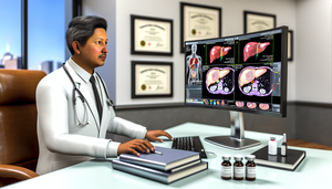 A Hispanic physician in his 40s, wearing a white coat and stethoscope, reviews computer diagnostic images in a modern medical office. The images display detailed scans of the liver, highlighting areas of interest related to liver cancer diagnosis. On the desk, there are medical books and vials labeled as tumor markers. In the background, medical certificates adorn the wall, and a window offers a view of a sunny day. The scene reflects a professional approach to diagnosing liver cancer, emphasizing the importance of AFP, liver ultrasound, CT, MRI, and underlying cirrhosis.