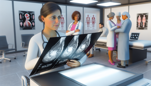 Image of a modern medical environment in a hospital in Spain. In the foreground, a Hispanic female doctor carefully examines a mammogram on a lightbox. In the background, a diverse group of medical professionals discusses around a table with medical charts and a 3D breast model on a laptop. The scene reflects a professional and collaborative atmosphere, highlighting advanced technology in breast cancer diagnosis, including mammography, trucut biopsy, and the importance of hormone receptors and TNM staging.